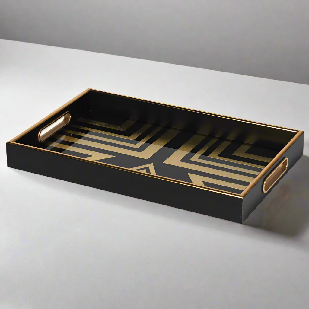 Black and gold Art Deco tray with inset handles