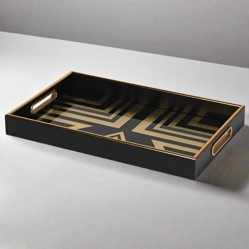 Black and gold Art Deco tray with inset handles