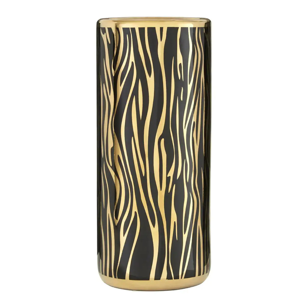 A stunningly patterned ceramic umbrella stand in a black and gold animal stripe on a white background.
