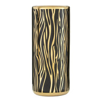 A stunningly patterned ceramic umbrella stand in a black and gold animal stripe on a white background.