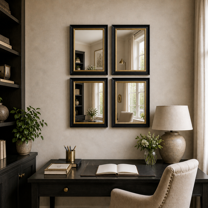 Set of four mini black and gilt mirrors, above a desk in a home office setting. 
