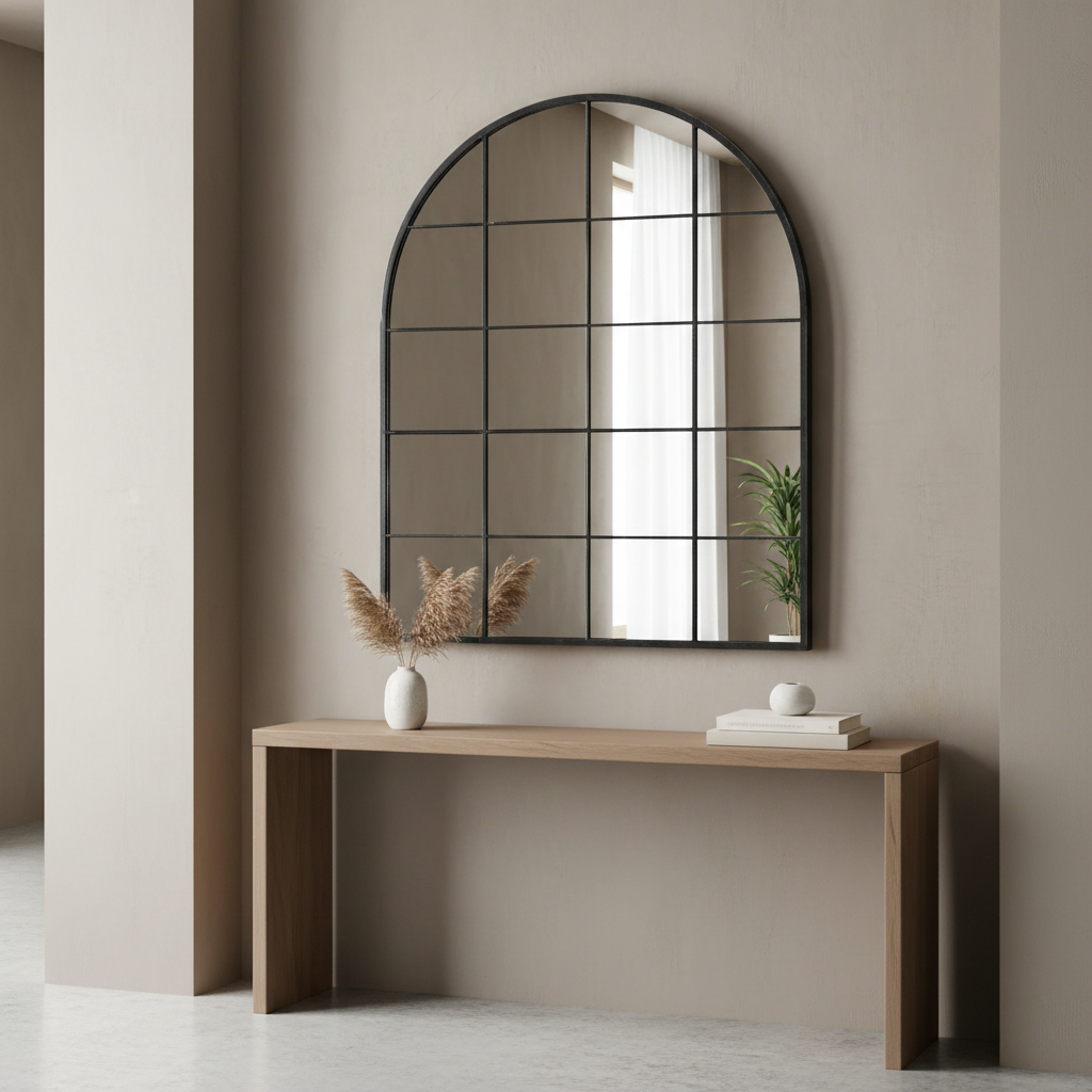 Black arched window mirror in a hallway