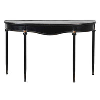 Metal console table with a slim black metal frame and a gracefully curved silhouette, 
distressed black finish with delicate gold accents