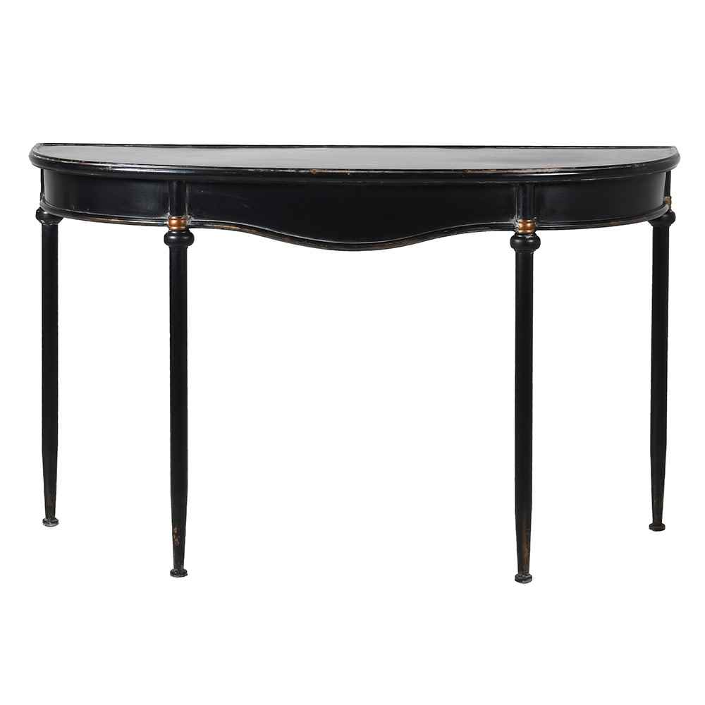 Metal console table with a slim black metal frame and a gracefully curved silhouette, 
distressed black finish with delicate gold accents