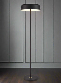 Black metal floor lamp with aged brass accents, 152cm high, with minimalist white inner shade. 