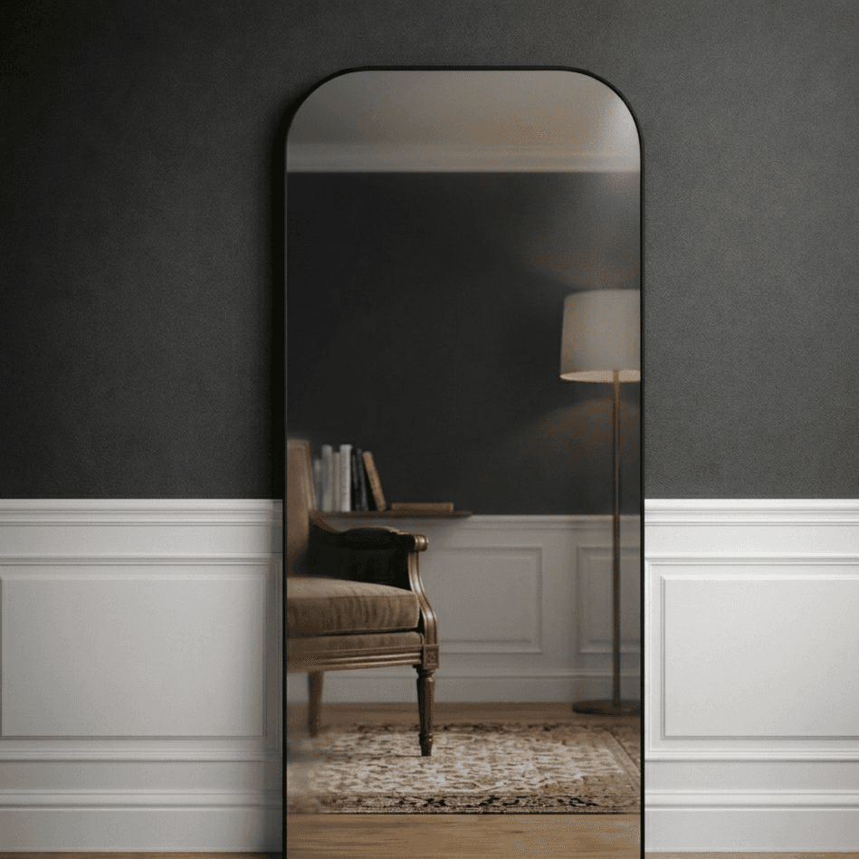 Black metal leaner mirror in modern interior