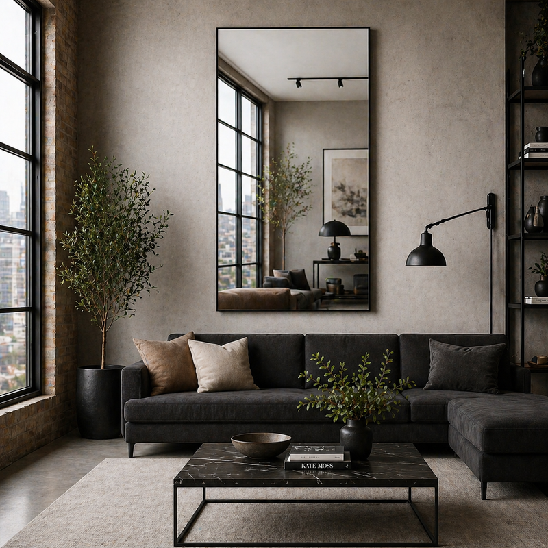 Black minimal framed mirror in an urban setting with charcoal velvet sofa and black lighting. 