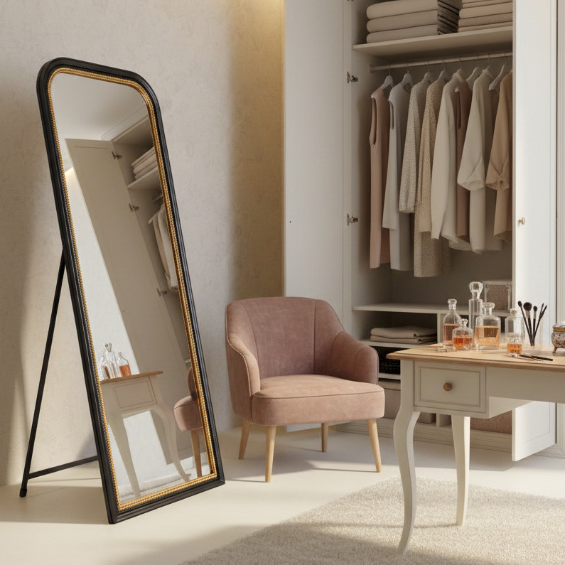 Black and gold standing mirror, a cheval type mirror that can also be a leaner,