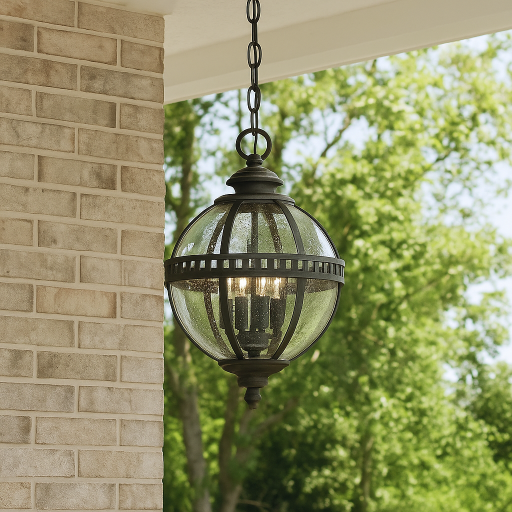 Outdoor black globe pendant light with clear seeded glass and classic lantern-style metal frame, IP44 rated for elegant exterior lighting.
