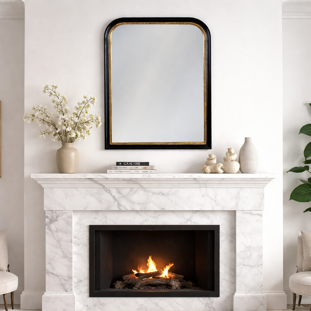 Black overmantle mirror, over a white marble foireplace in a contemporary  living room.