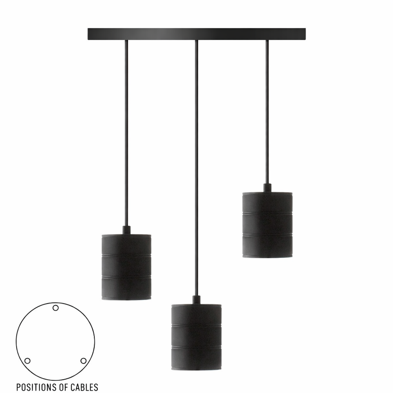 Three black pendant lights with cables on a white background