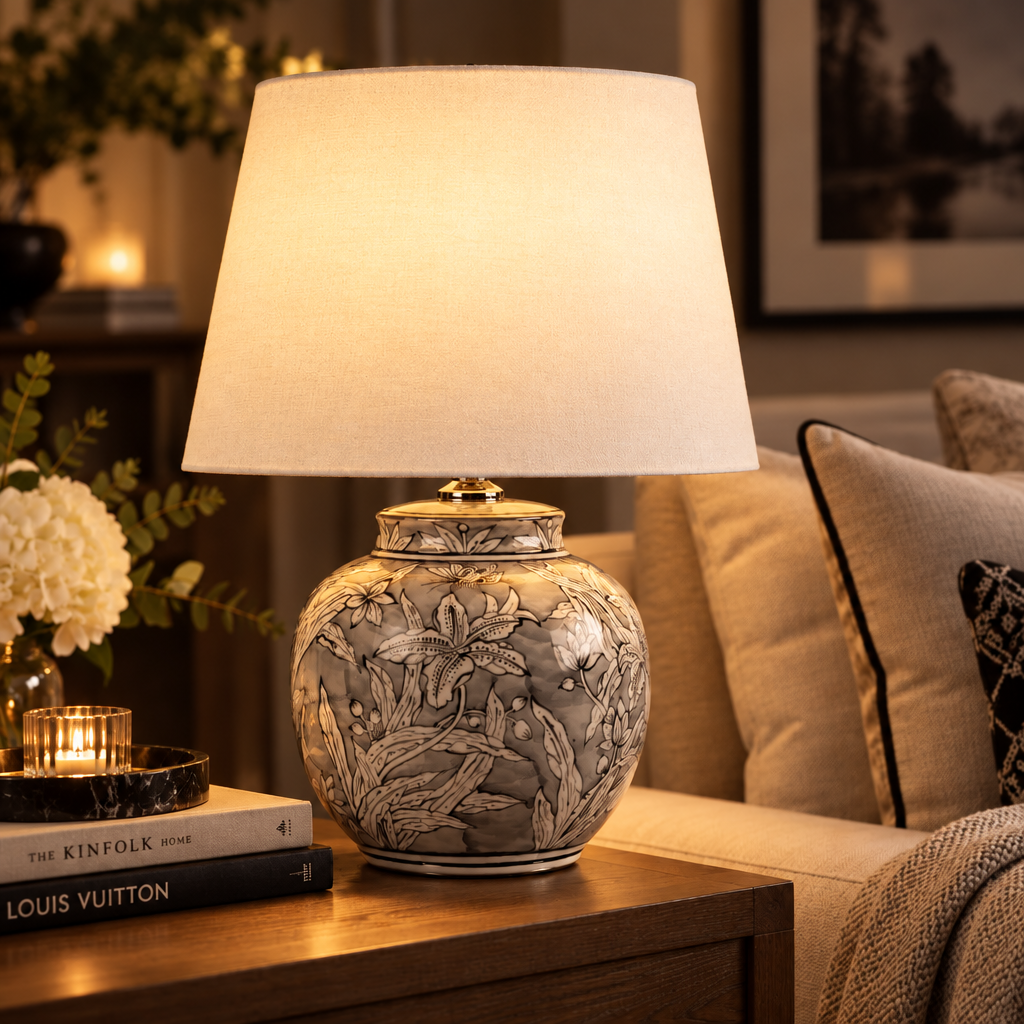 Ceramic able lamp with a warm white fabric shade in a living room