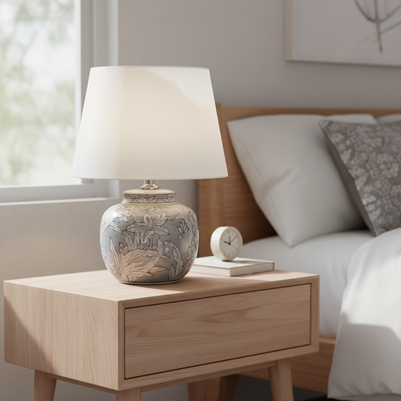 A really pretty, smaller lamp base with white fabric shade, perfect for bedside or on a side table in a sitting room. Really pretty small ceramic lamp with a white fabric shade, and an unusual faded black and white base.