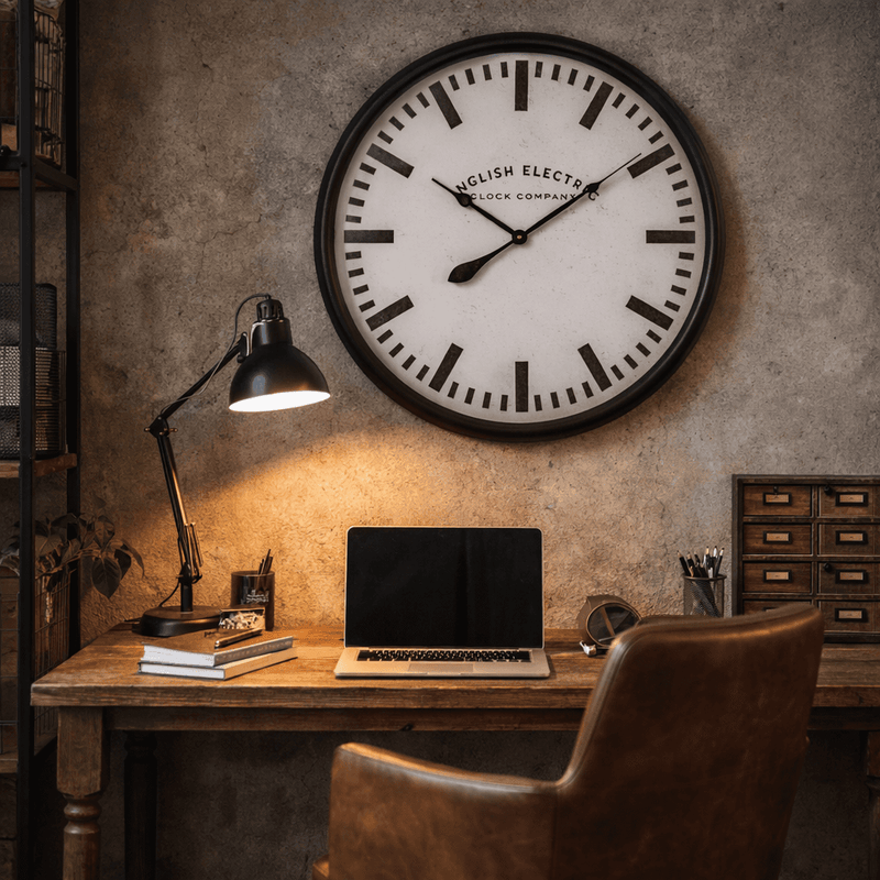 Large industrial style clock in an industrial home office environment.