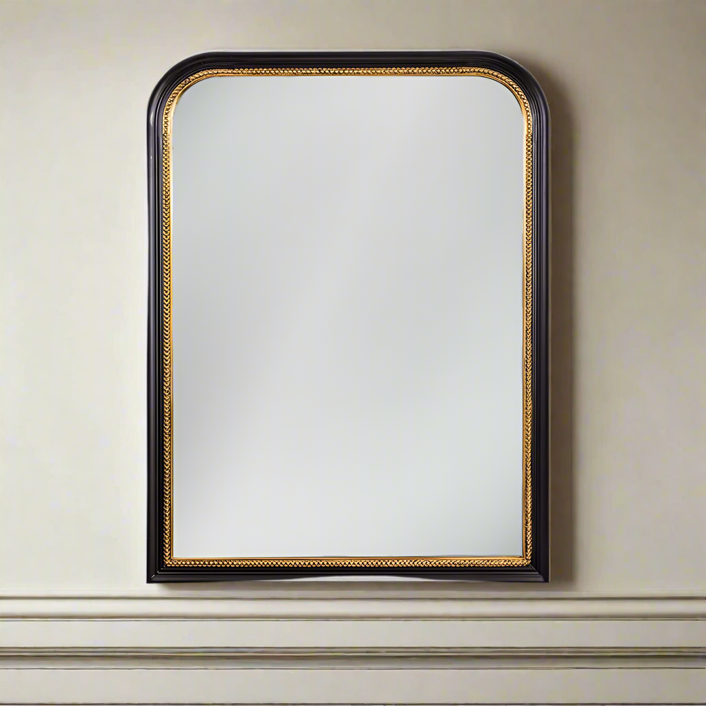 Arched wall mirror with a black frame and fine gold beaded inner trim, styled above a paneled wall.