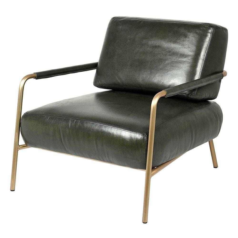 A really stylish sumptuous black leather chair in the mid-century style. The tubular frame of the chair is gilt metal with splayed legs and leather covered arms. This style of chair would fit perfectly into a modern urban setting, it could also sit comfortably amongst classic furniture in a period home.