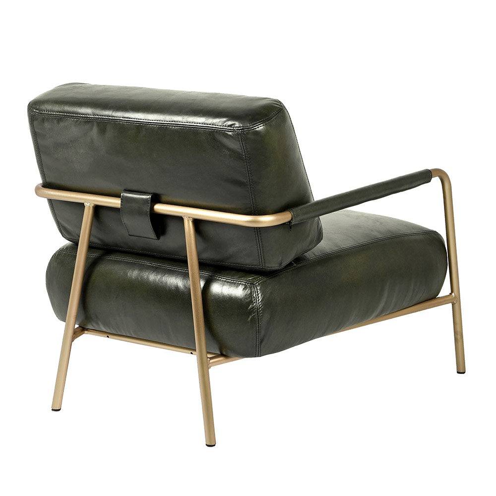 A really stylish sumptuous black leather chair in the mid-century style. The tubular frame of the chair is gilt metal with splayed legs and leather covered arms. This style of chair would fit perfectly into a modern urban setting, it could also sit comfortably amongst classic furniture in a period home.