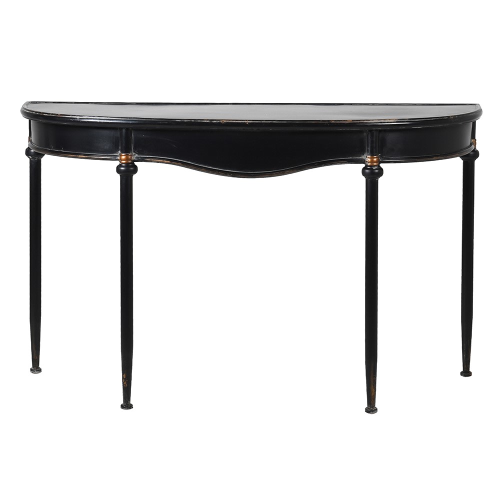 Refined, versatile, and effortlessly elegant, this medium metal console table is the perfect accent piece for modern and traditional interiors alike. Designed with a slim black metal frame and a gracefully curved silhouette, it offers a sophisticated focal point while keeping your hallway or entryway light and uncluttered.
The gently distressed black finish with delicate gold accents adds a touch of vintage character, making each piece feel unique.