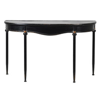 Refined, versatile, and effortlessly elegant, this medium metal console table is the perfect accent piece for modern and traditional interiors alike. Designed with a slim black metal frame and a gracefully curved silhouette, it offers a sophisticated focal point while keeping your hallway or entryway light and uncluttered.
The gently distressed black finish with delicate gold accents adds a touch of vintage character, making each piece feel unique.