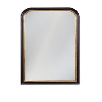A traditional black and gold beaded over mantle-style mirror with a gold rim, displayed against a white background. Perfect hall, living room or study mirror