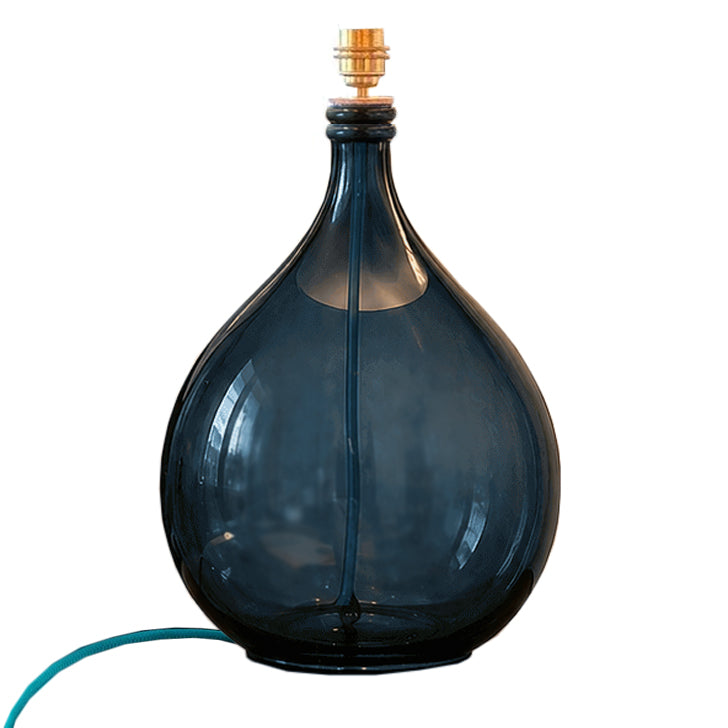 Blue glass lamp on a white background with E27 brass fitting and blue flex.