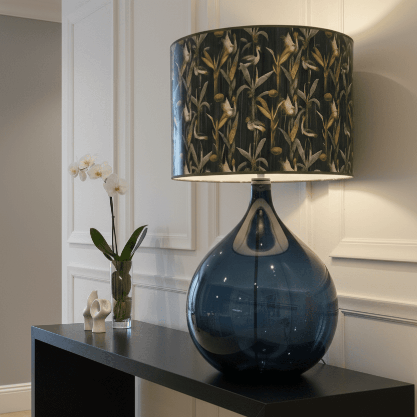 Decorative lamp, with velvet shade on a black console table in a hall setting. 