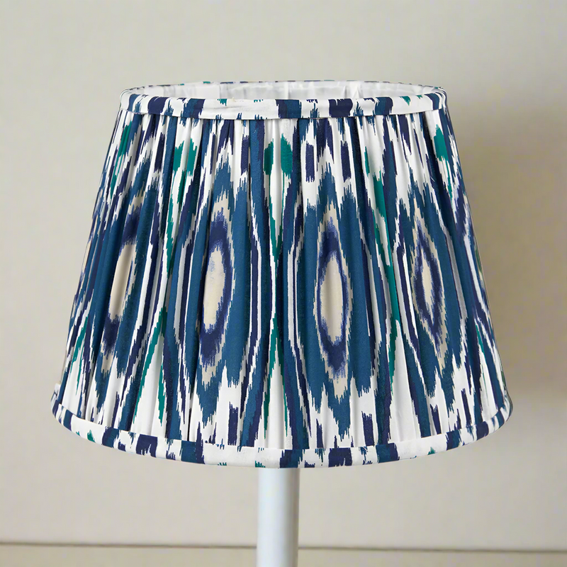 Blue Pleated Lamp Shade. Large, patterned, pleated shade in a blue, green and white colouring