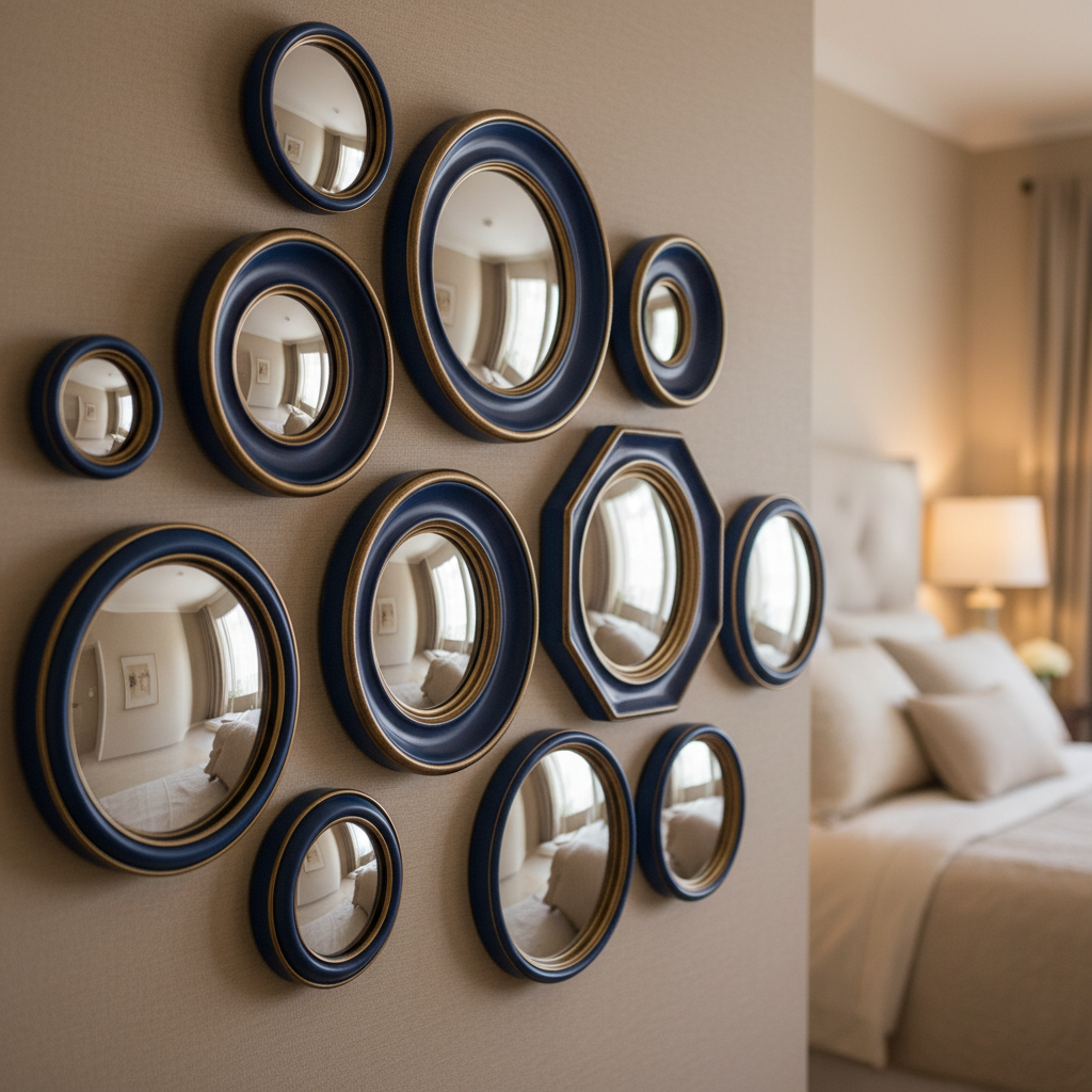 Mini convex Blue framed mirrors which come in an assortment of sizes. This is a fantastic price and range which takes the headache out of creating your own wall assortment