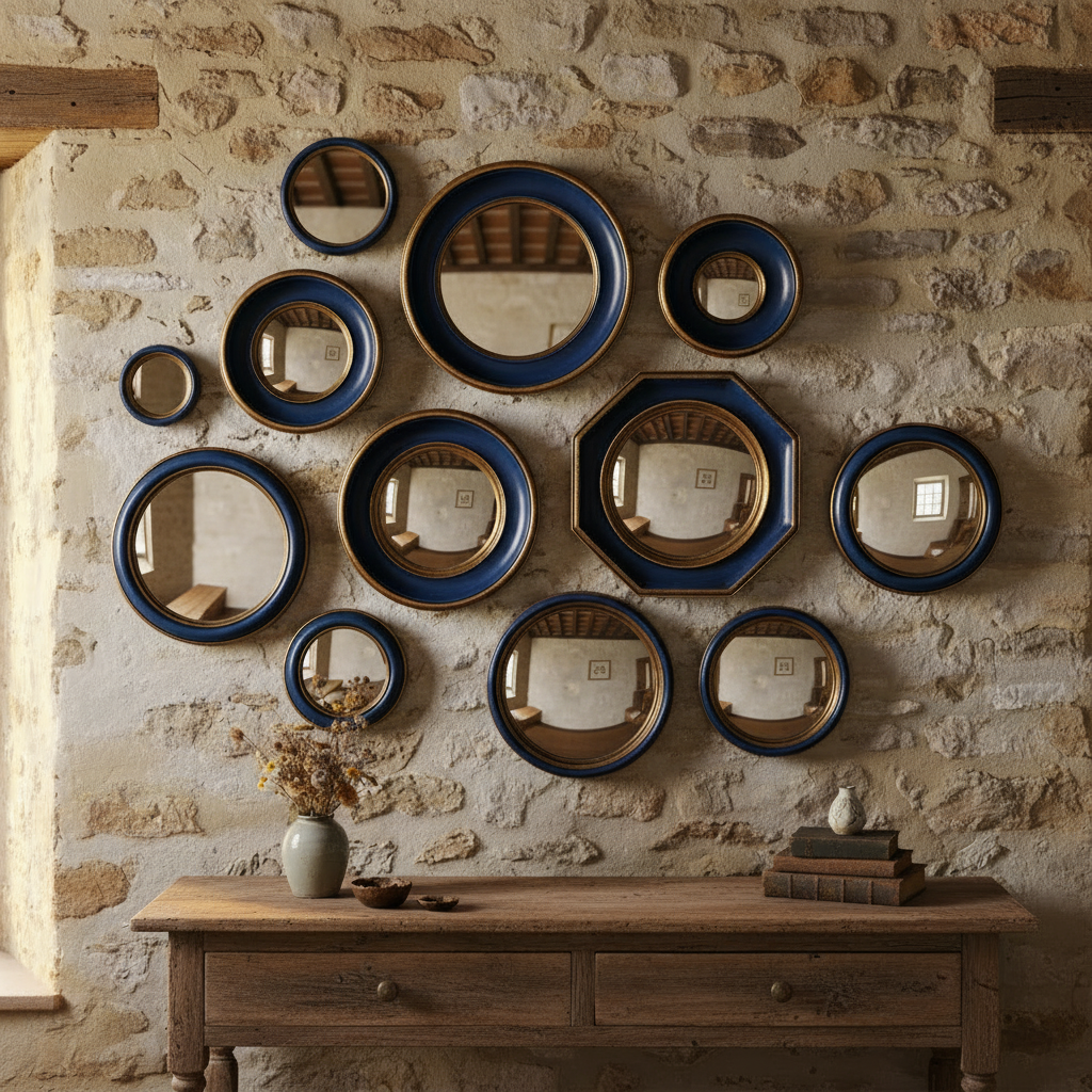 Mini convex Blue framed mirrors which come in an assortment of sizes. This is a fantastic price and range which takes the headache out of creating your own wall assortment