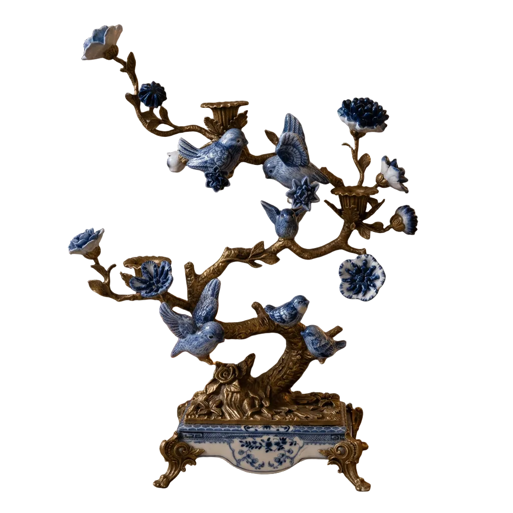 Bronze Porcelain Blue Bird Tree Candelabra