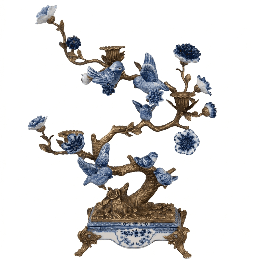 Blue and white bronze and porcelain bird tree candleholder against a white background.