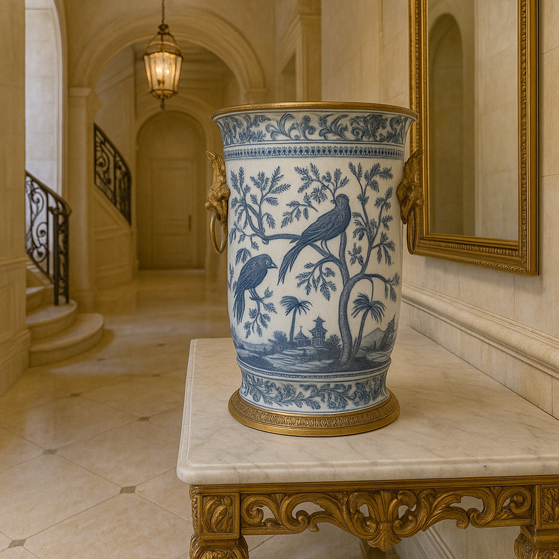 Heavy-duty bronze and porcelain vase in classic blue and white Chinoiserie pattern with bird and floral designs and ornate bronze base by Decorexi