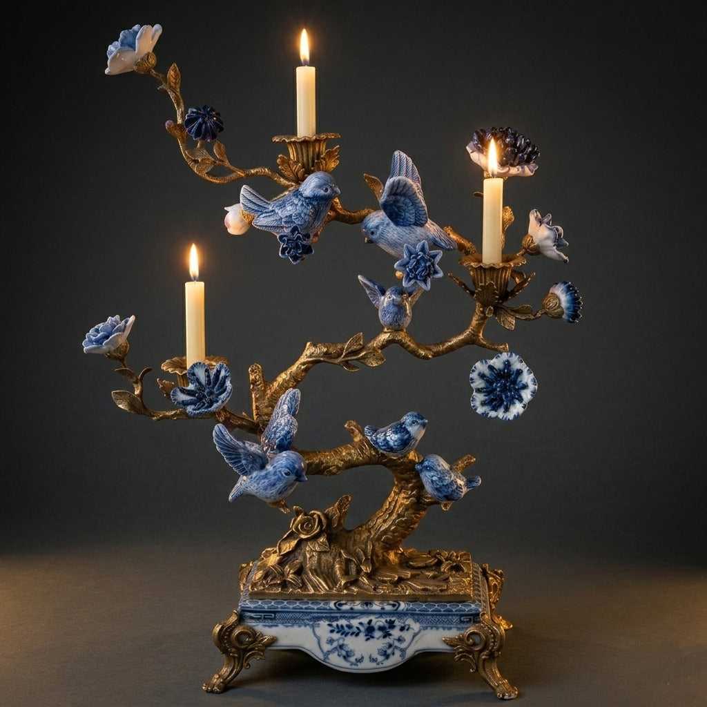 Bronze Bird Candelabra are&nbsp; a luxurious fusion of blue and white porcelain and gleaming bronze. Inspired by Georgian-era craftsmanship,