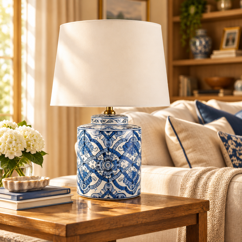 Blue & white ceramic table lamp with a white shade in a living room
