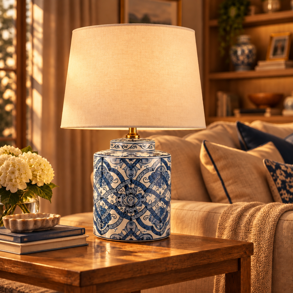 Blue & white ceramic table lamp with a white shade in a living room