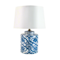 Blue and white medium size ceramic lamp on a neutral background. 