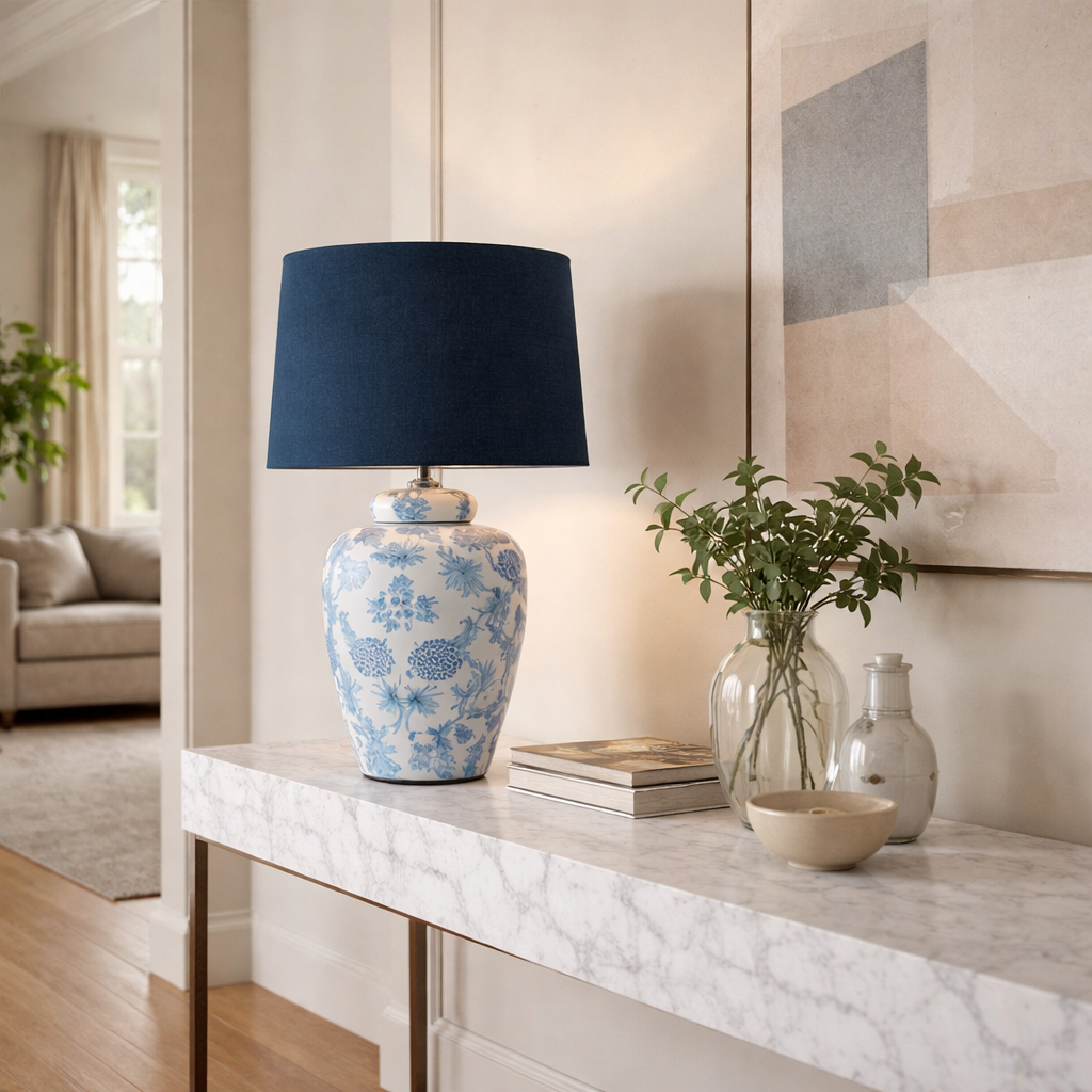Blue and white ceramic table lamp on white console in contemporary hallway setting.