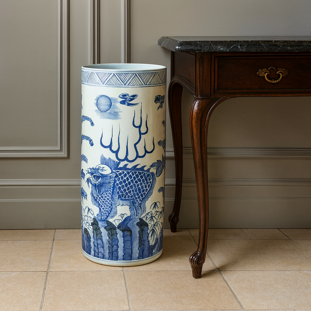 Large blue and white porcelain umbrella stand with traditional dragon and landscape design.