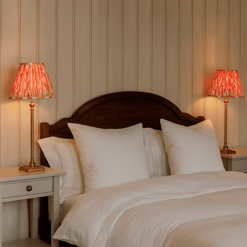 Pair of brass lamps with red ikat shades either side of a bed in a panelled bedroom