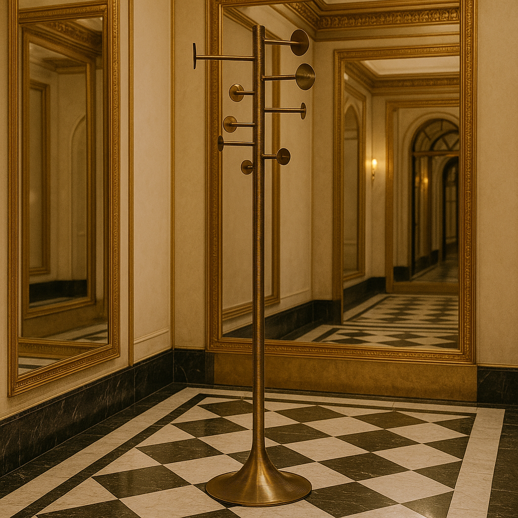 Gold coat rack in a hallway with mirrors and decorative walls