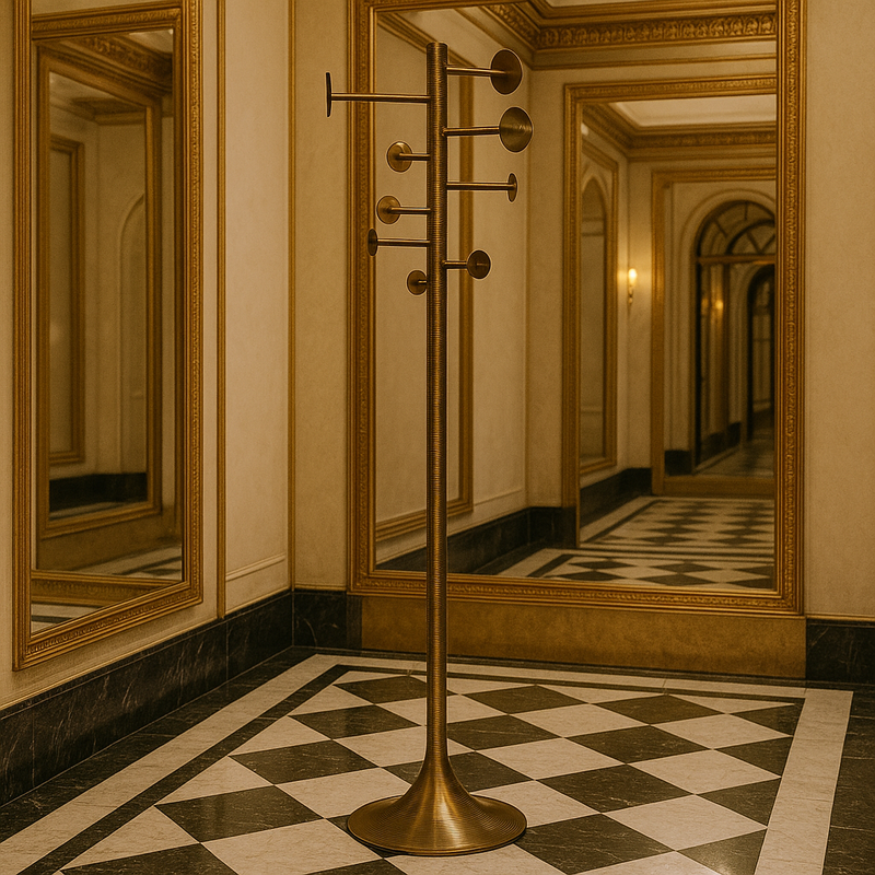 Gold coat rack in a hallway with mirrors and decorative walls