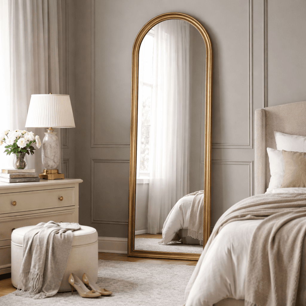 Tall, arched mirror, floor standing, leaning against a wall in a luxurious bedroom.
