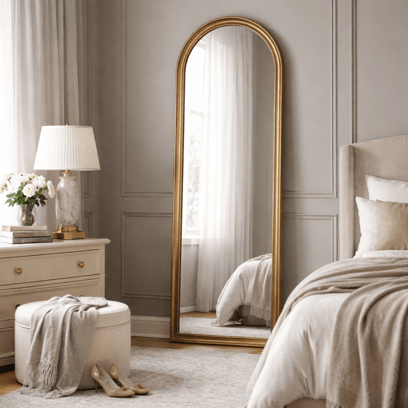 Tall, arched mirror, floor standing, leaning against a wall in a luxurious bedroom.