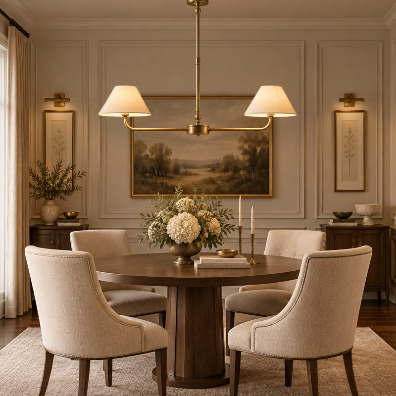 A ceiling light featuring an antique brass frame with two gently curved arms over a dining table.