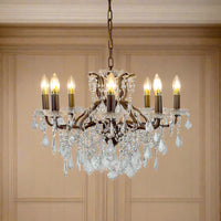 Bronze shallow 8-arm crystal chandelier with faceted crystal droplets in a living room