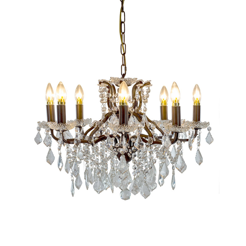 Bronze shallow 8-arm crystal chandelier with faceted crystal droplets.