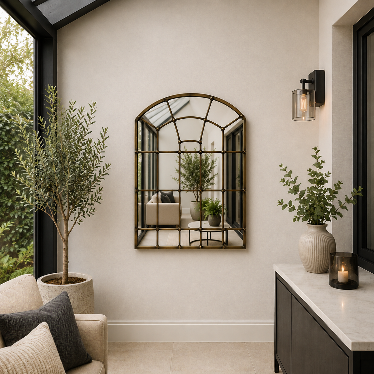 Living room with decorative mirror, plants, and a candle on a table.