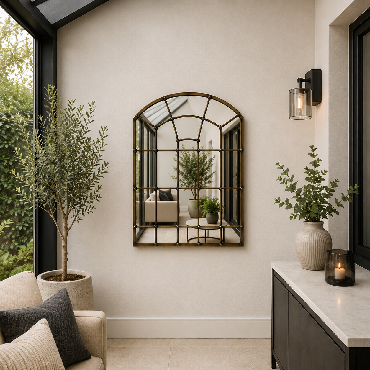 Living room with decorative mirror, plants, and a candle on a table.