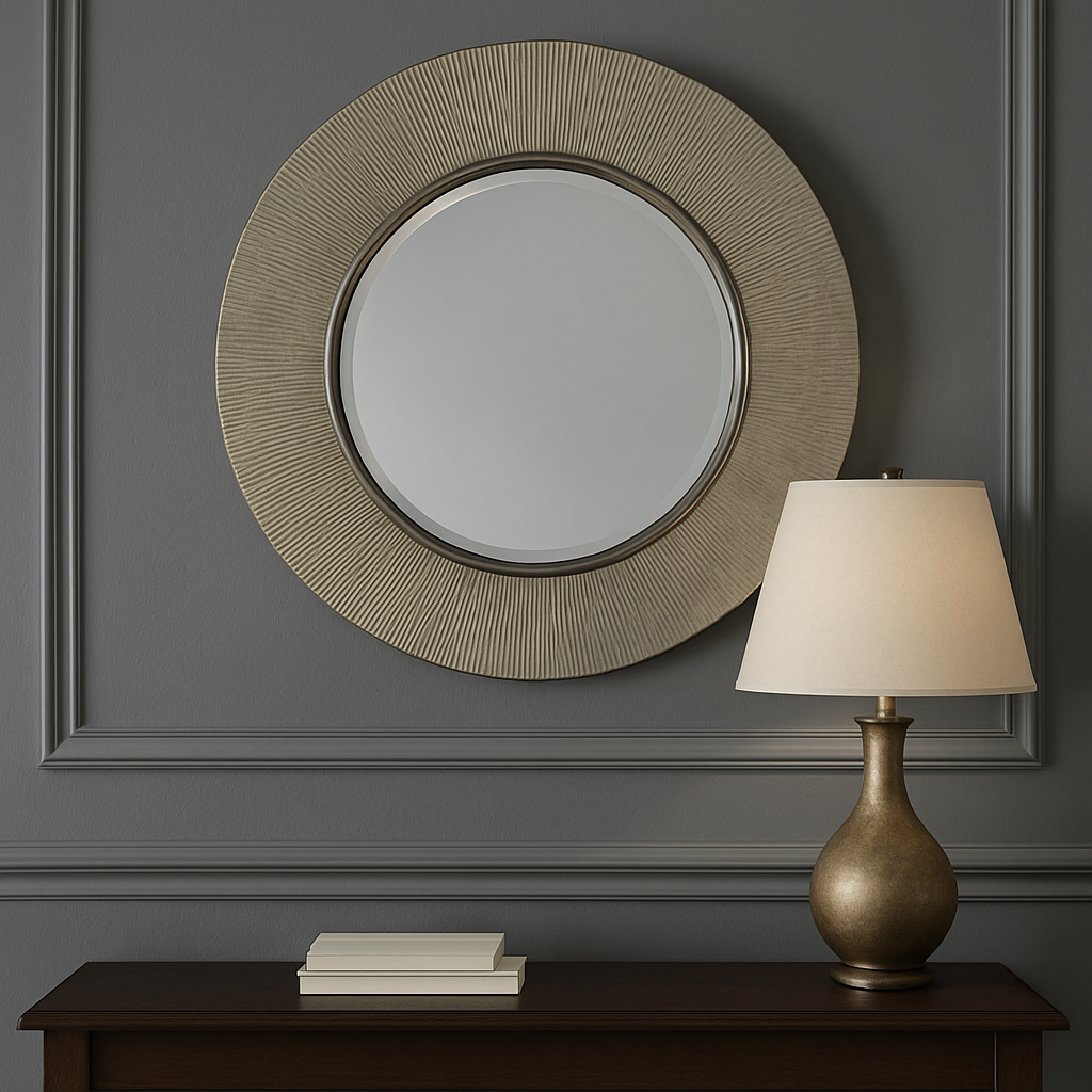 A really luxurious mirror, with a soft brushed finish. The gunmetal colour just adds to the really high end look.&nbsp; This finish on this mirror is very high end and would add glamour and sophistication to any interior. Above a fireplace in a living room, over a console table in an entryway, any room will only be enhanced by the addition of this mirror.