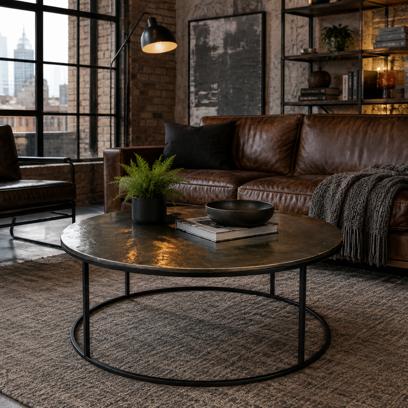 Industrial room setting with large bronze topped coffee table